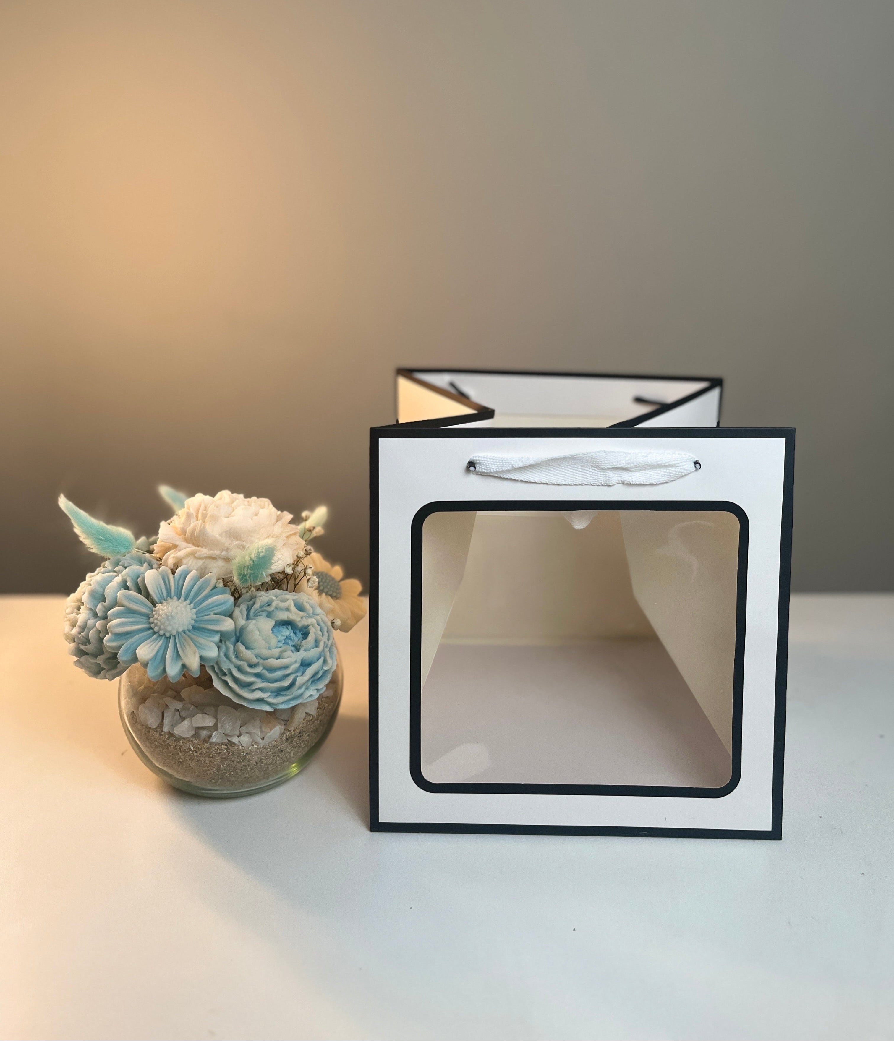Pecera pequeña 7 velas florales en tonos Sky Blue