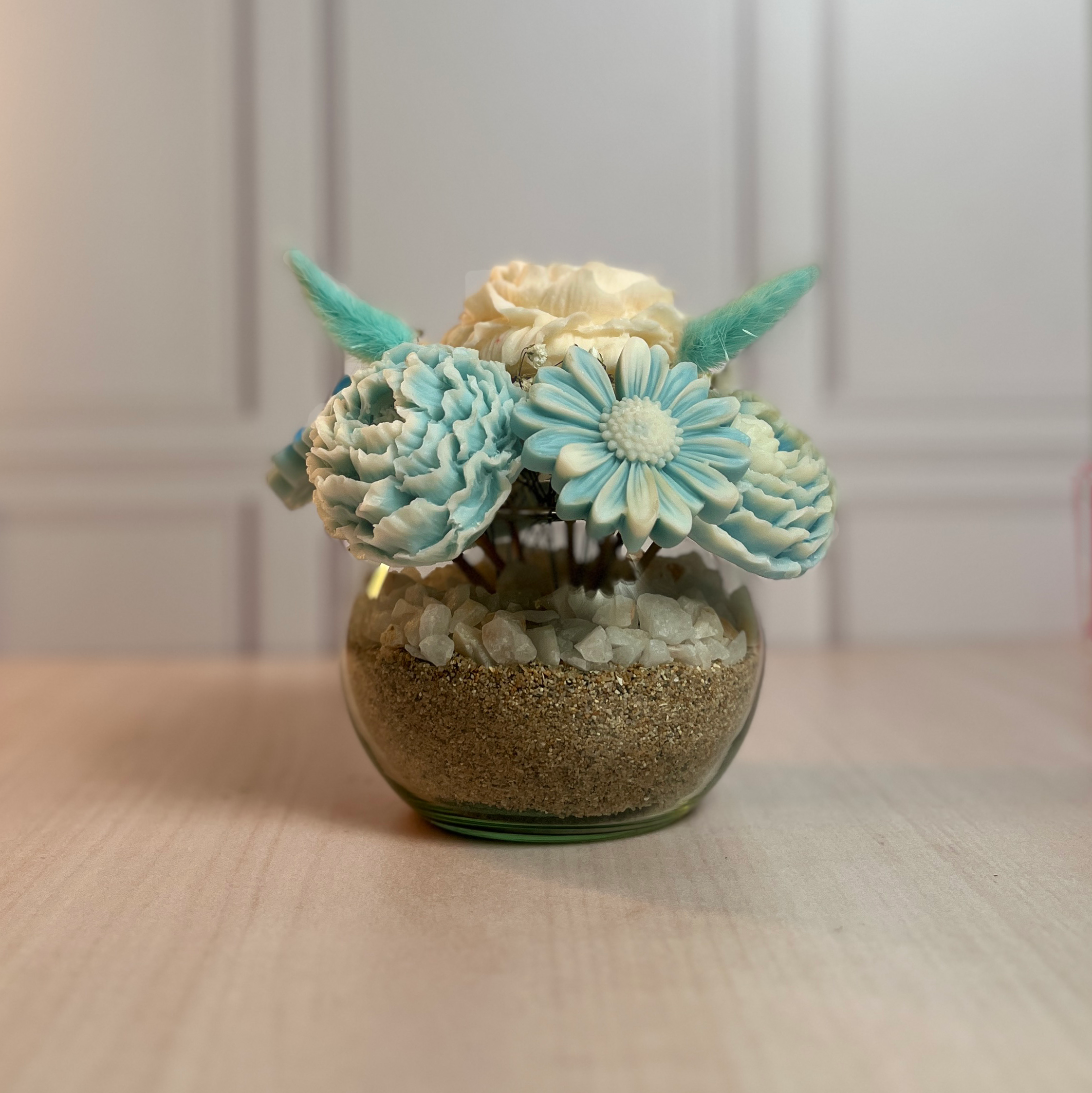 Pecera pequeña 7 velas florales en tonos Sky Blue