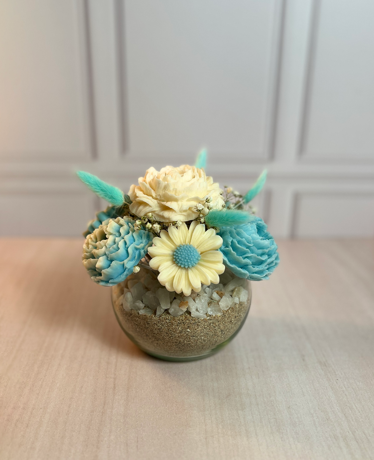 Pecera pequeña 7 velas florales en tonos Sky Blue